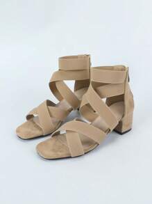 女士交叉粗跟優雅仿麂皮踝帶平底涼鞋 - 杏色 - 查看 2