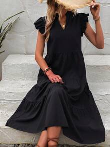 Breezaya Robe longue maxi avec encolure échancrée, garniture volantée, pour vacances et tenue de plage pour femme