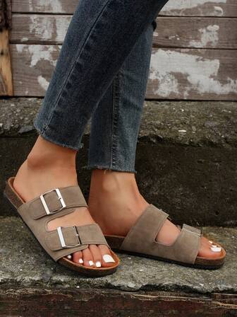 Vacation Footbed Sandals For Women, Buckle Decor Slip-on Sandals