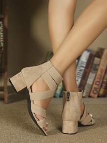 女士交叉粗跟優雅仿麂皮踝帶平底涼鞋 - 杏色 - 查看 3