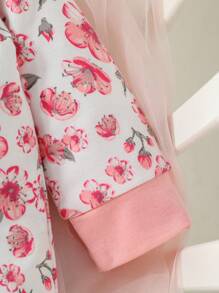 SHEIN Baby Girl Newborn Floral Print Ruffle Trim Jumpsuit & Accessory Headband & Bib & Gloves - White - View 3