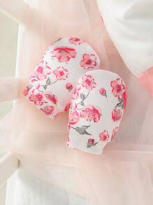 SHEIN Baby Girl Newborn Floral Print Ruffle Trim Jumpsuit & Accessory Headband & Bib & Gloves - White - View 4