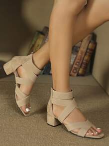 女士交叉粗跟優雅仿麂皮踝帶平底涼鞋 - 杏色 - 查看 6