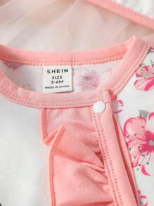 SHEIN Baby Girl Newborn Floral Print Ruffle Trim Jumpsuit & Accessory Headband & Bib & Gloves - White - View 7