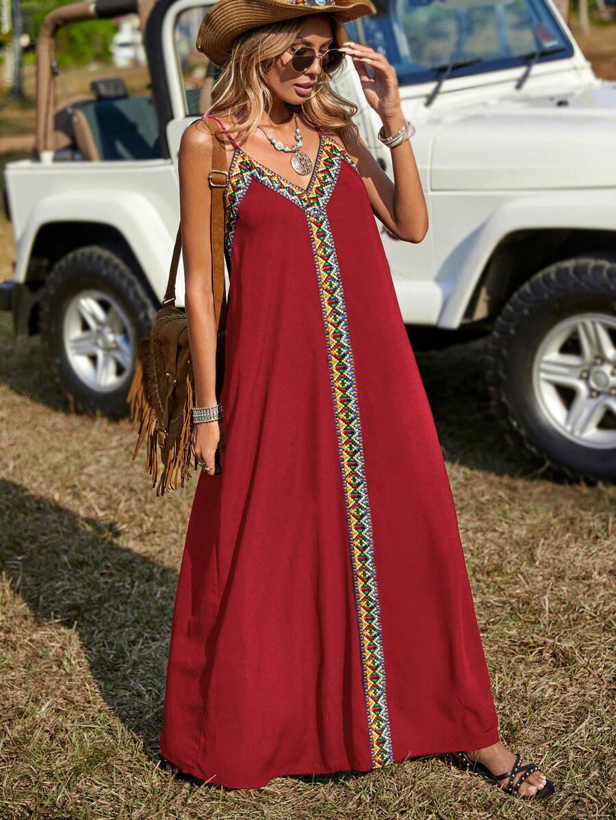 SHEIN LUNE Contrast Geo Tape Maxi Cami Dress - Burgundy - View 1