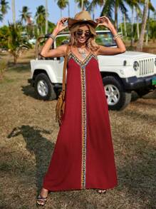 SHEIN LUNE Contrast Geo Tape Maxi Cami Dress - Burgundy - View 3