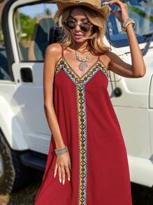 SHEIN LUNE Contrast Geo Tape Maxi Cami Dress - Burgundy - View 4