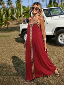 SHEIN LUNE Contrast Geo Tape Maxi Cami Dress - Burgundy - View 5