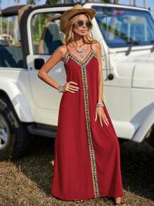 SHEIN LUNE Contrast Geo Tape Maxi Cami Dress - Burgundy - View 6