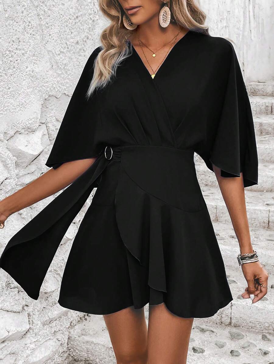 SHEIN VCAY Vestido de manga murciélago ribete con fruncido cruzado hebilla lado - Negro - Ver 1