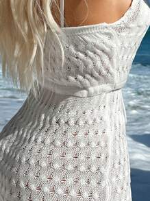 Swim Vcay Summer Beach Hollow Out Drawstring Waist Halter Neck Backless Cover Up Dress - White - View 3