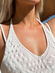 Swim Vcay Summer Beach Hollow Out Drawstring Waist Halter Neck Backless Cover Up Dress - White - View 5