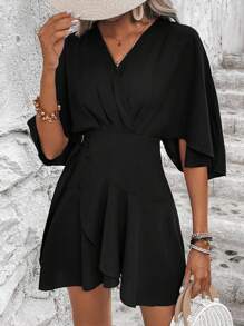 SHEIN VCAY Vestido de manga murciélago ribete con fruncido cruzado hebilla lado - Negro - Ver 5