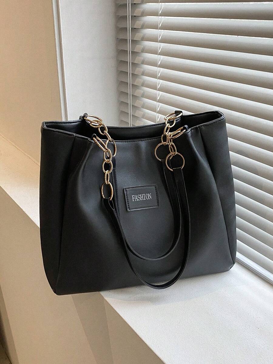 小号单肩手提包字母贴片装饰手提包、手提包、单肩包极简主义、经典皮革大包女士、女士、工作与办公室书包、返校背包、大容量、商务休闲、便携、轻便，适合少女、女大学生、新秀和白领工作者，非常适合返校、大学、中学、高中、工作、商务、通勤、时尚拉链手提包