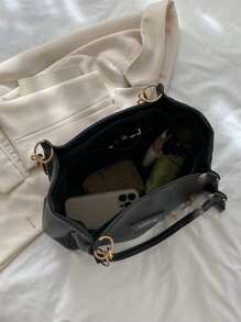 小号单肩手提包字母贴片装饰手提包、手提包、单肩包极简主义、经典皮革大包女士、女士、工作与办公室书包、返校背包、大容量、商务休闲、便携、轻便，适合少女、女大学生、新秀和白领工作者，非常适合返校、大学、中学、高中、工作、商务、通勤、时尚拉链手提包