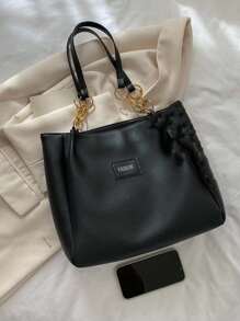 小号单肩手提包字母贴片装饰手提包、手提包、单肩包极简主义、经典皮革大包女士、女士、工作与办公室书包、返校背包、大容量、商务休闲、便携、轻便，适合少女、女大学生、新秀和白领工作者，非常适合返校、大学、中学、高中、工作、商务、通勤、时尚拉链手提包