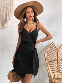 SHEIN VCAY Cami Kleid mit Knoten vorn, Wickelsaum, - Schwarz - Übersicht 7