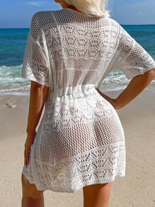 Hollow Out Drawstring Waist Drop Shoulder Kimono - White - View 2