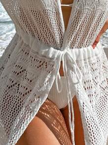 Hollow Out Drawstring Waist Drop Shoulder Kimono - White - View 5