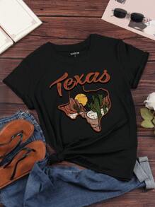 INAWLY Áo thun họa tiết xương rồng và chữ cái Áo thun họa tiết phụ nữ - màu đen - Xem 1