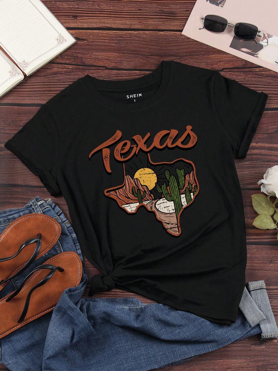 INAWLY Áo thun họa tiết xương rồng và chữ cái Áo thun họa tiết phụ nữ - màu đen - Xem 1