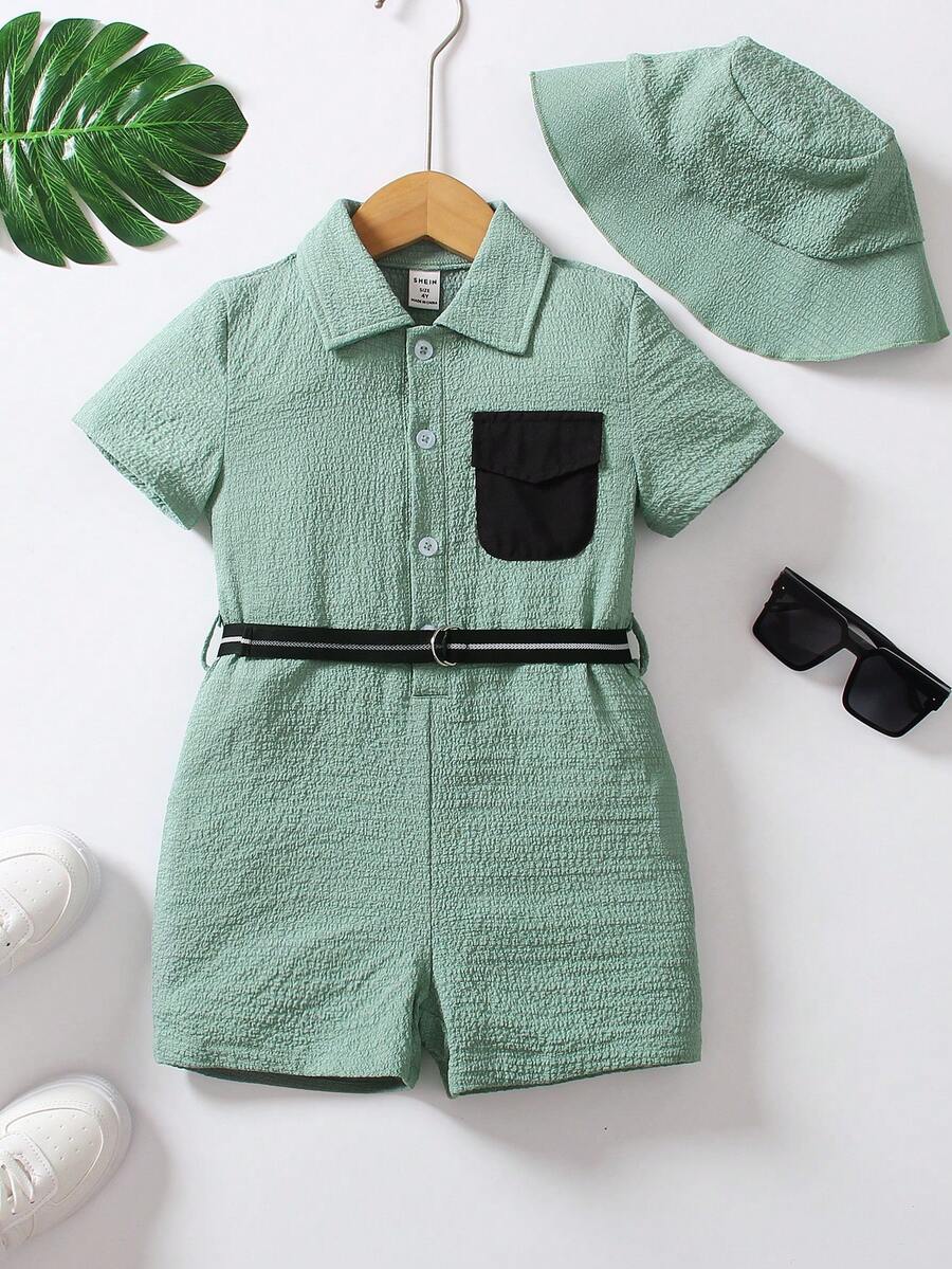 SHEIN 小男童翻蓋口袋腰帶襯衫連體短褲和帽