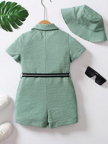 SHEIN 小男童翻蓋口袋腰帶襯衫連體短褲和帽