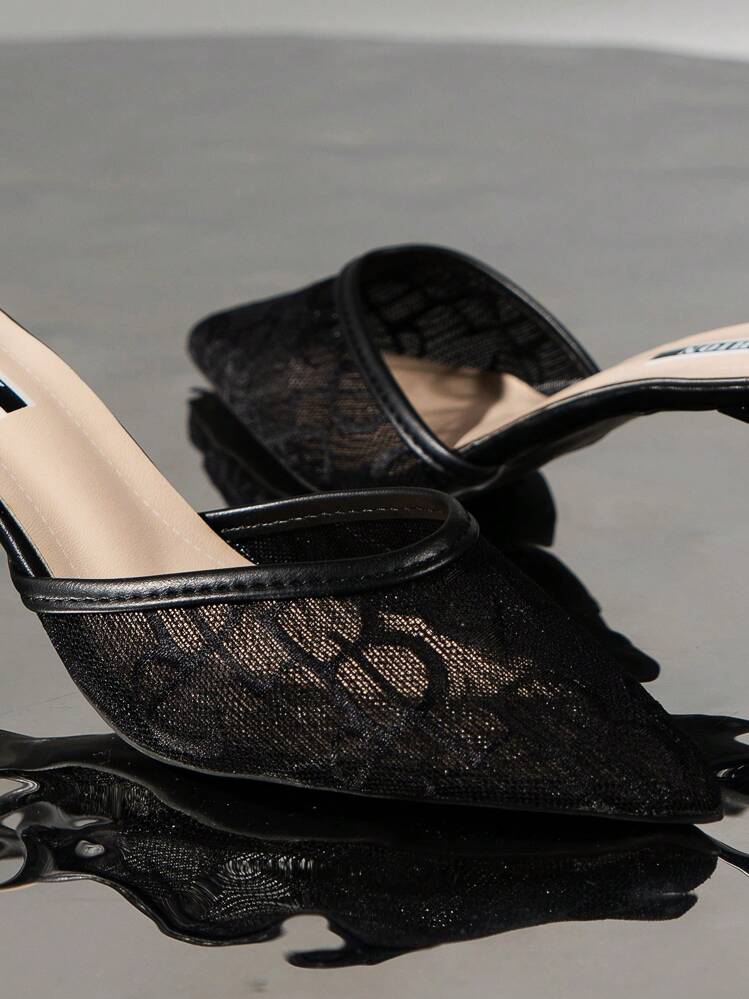 女士字母刺繡高跟優雅黑色網紗帶跟穆勒鞋 - 黑色 - 查看 3