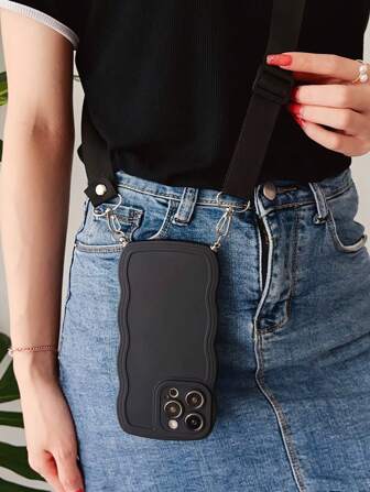 苹果波浪形边框纯色手机壳，带挂绳，防水防震防摔防刮