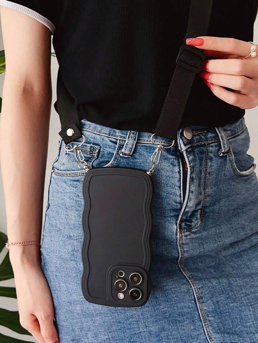 Funda de teléfono sólida con marco ondulado de manzana, resistente al agua, a los golpes y a los arañazos, con cordón - Negro - Ver 1