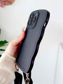 Funda de teléfono sólida con marco ondulado de manzana, resistente al agua, a los golpes y a los arañazos, con cordón - Negro - Ver 4