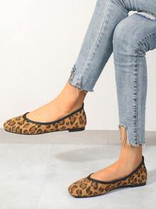 Women Leopard Pattern Square Toe Flats, Elegant Faux Suede Ballet Flats - Yellow - View 1