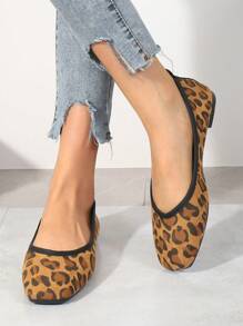 Women Leopard Pattern Square Toe Flats, Elegant Faux Suede Ballet Flats - Yellow - View 2