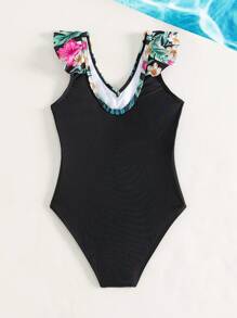 Toddler Girls 1pc Tropical Print Ruffle Trim One Piece Swimsuit - Multicolor - View 2