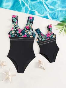 Toddler Girls 1pc Tropical Print Ruffle Trim One Piece Swimsuit - Multicolor - View 3