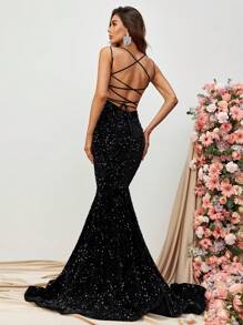 Váy đuôi cá hở lưng cổ chữ V dây mảnh có trang trí sequin & thiết kế buộc dây phía sau | Thảm đỏ, dạ hội, đám cưới, váy dự tiệc, trang trọng, buổi tối, khách dự tiệc cưới - màu đen - Xem 2