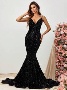 Váy đuôi cá hở lưng cổ chữ V dây mảnh có trang trí sequin & thiết kế buộc dây phía sau | Thảm đỏ, dạ hội, đám cưới, váy dự tiệc, trang trọng, buổi tối, khách dự tiệc cưới - màu đen - Xem 5