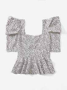 SHEIN VCAY Ditsy Floral Print Sweetheart Neck Puff Sleeve Peplum Top - White - View 2