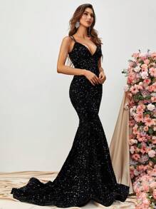 Váy đuôi cá hở lưng cổ chữ V dây mảnh có trang trí sequin & thiết kế buộc dây phía sau | Thảm đỏ, dạ hội, đám cưới, váy dự tiệc, trang trọng, buổi tối, khách dự tiệc cưới - màu đen - Xem 6