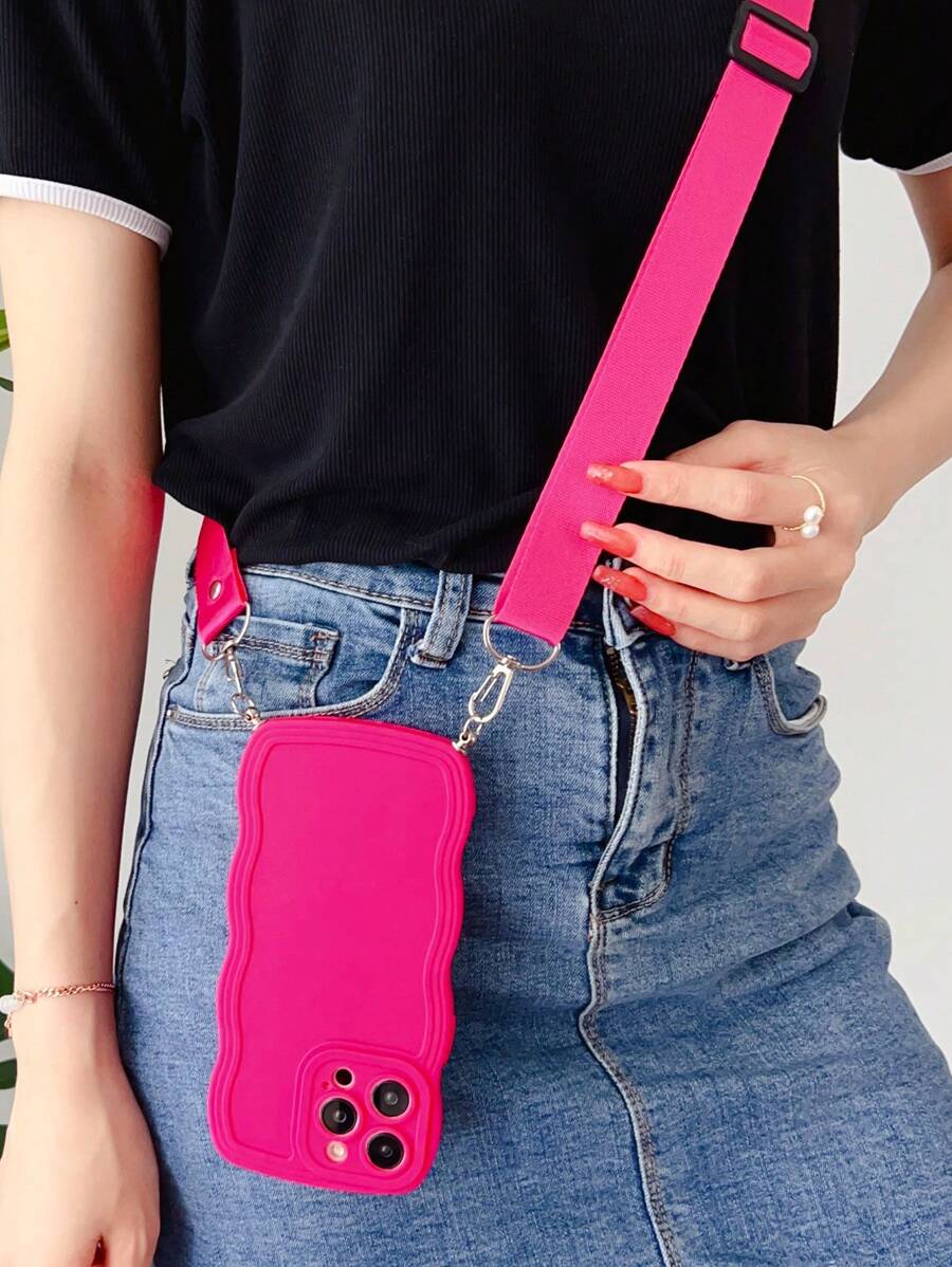 Funda de teléfono bandolera rosa con marco ondulado, funda de teléfono sólida con cordón, funda de teléfono neón, resistente al agua, a prueba de golpes, anti-caídas y resistente a los arañazos