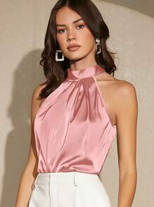 Maija Solid Satin Halter Top Workwear - Dusty Pink - View 4