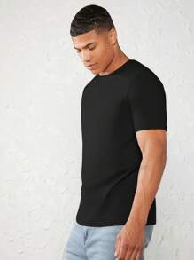 GENTILAND 男士棉素色圓領T恤 - 黑色 - 查看 1