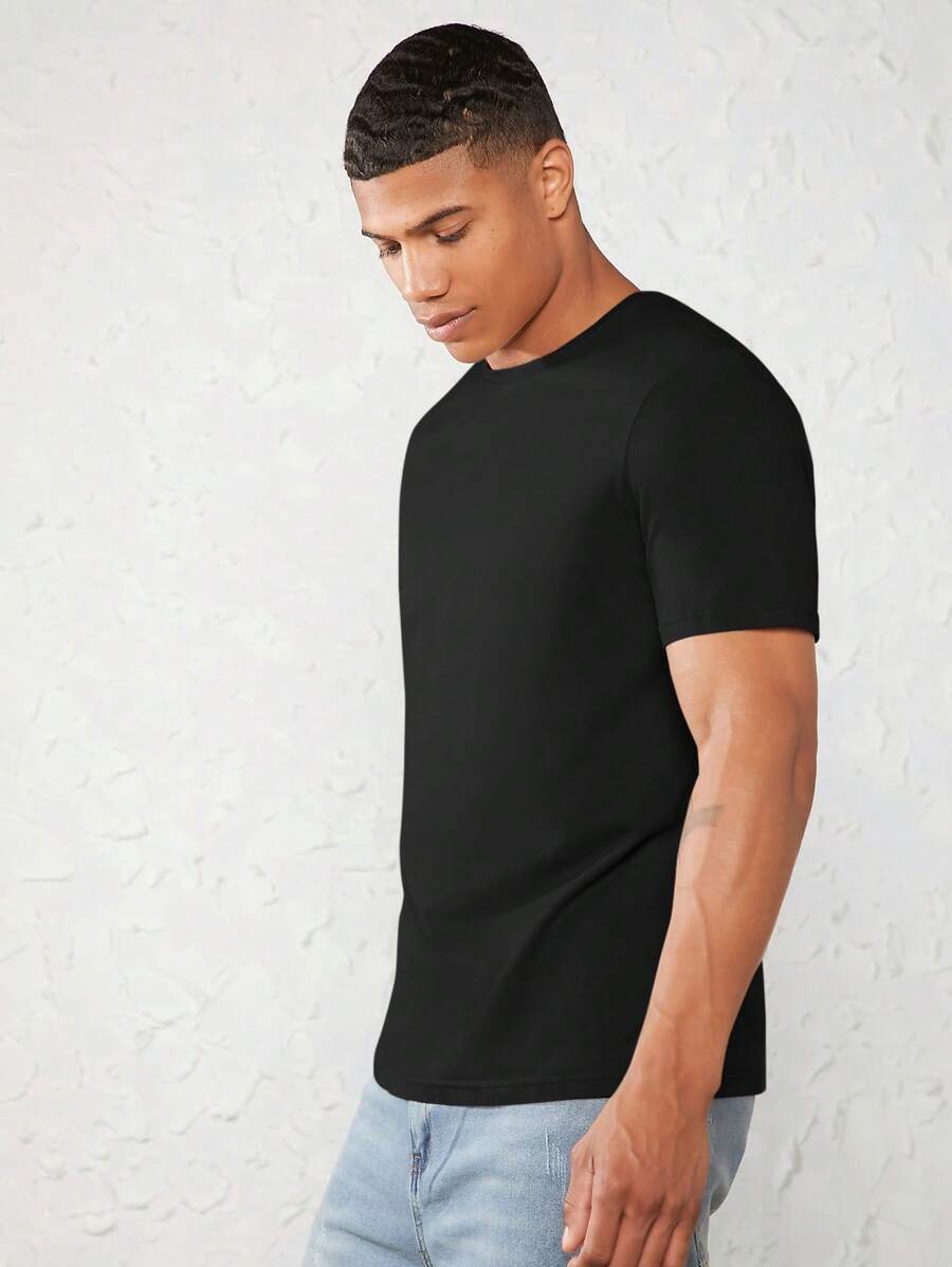 GENTILAND 男士棉素色圓領T恤 - 黑色 - 查看 1