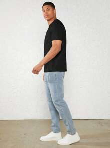 GENTILAND 男士棉素色圓領T恤 - 黑色 - 查看 5