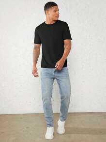 GENTILAND 男士棉素色圓領T恤 - 黑色 - 查看 6