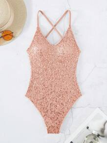 Sequin Decor One Piece Swimsuit - Dusty Pink - View 3