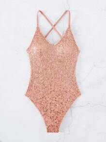 Sequin Decor One Piece Swimsuit - Dusty Pink - View 4