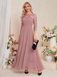 UNITHORSE Contrast Lace Chiffon Bridesmaid Dress Elegant Dress - Dusty Pink - View 1