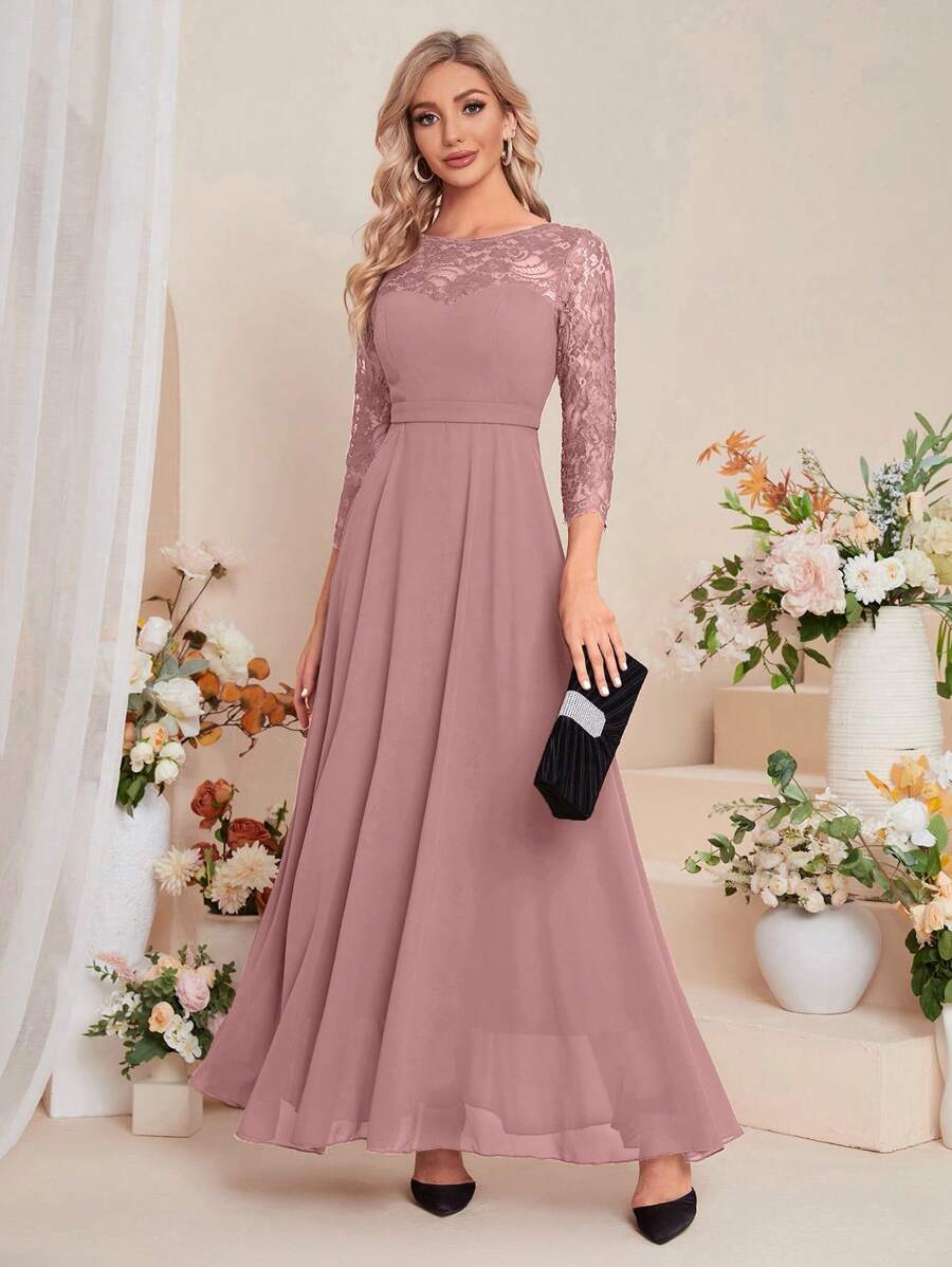 UNITHORSE Contrast Lace Chiffon Bridesmaid Dress Elegant Dress - Dusty Pink - View 1