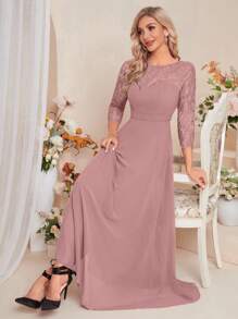 UNITHORSE Contrast Lace Chiffon Bridesmaid Dress Elegant Dress - Dusty Pink - View 4